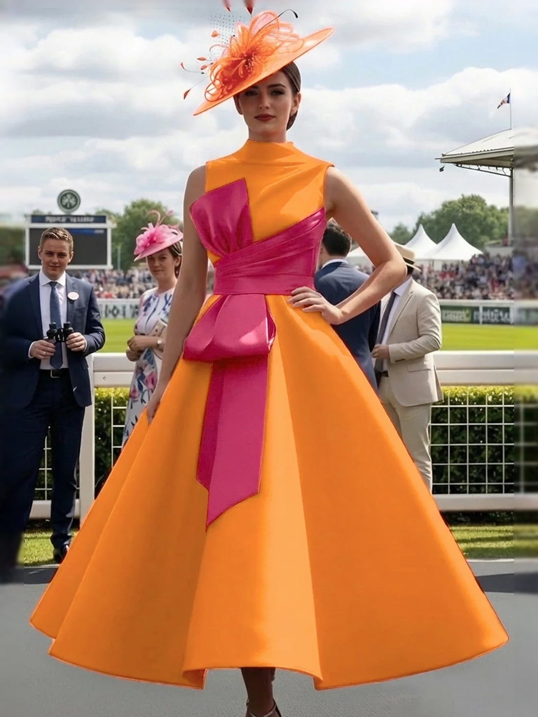 Orange satin high-neck A-line midi prom dress with magenta waist sash and bow