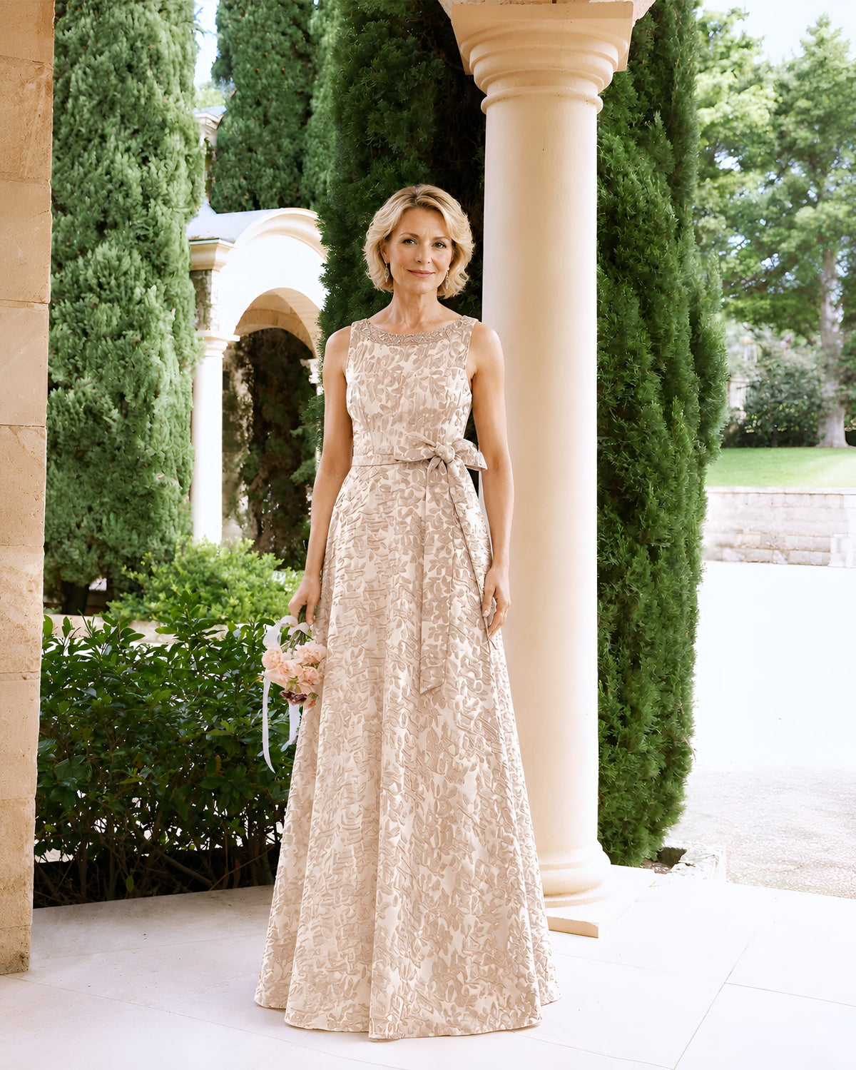 Champagne sleeveless lace A-line mother of the bride dress with sash bow