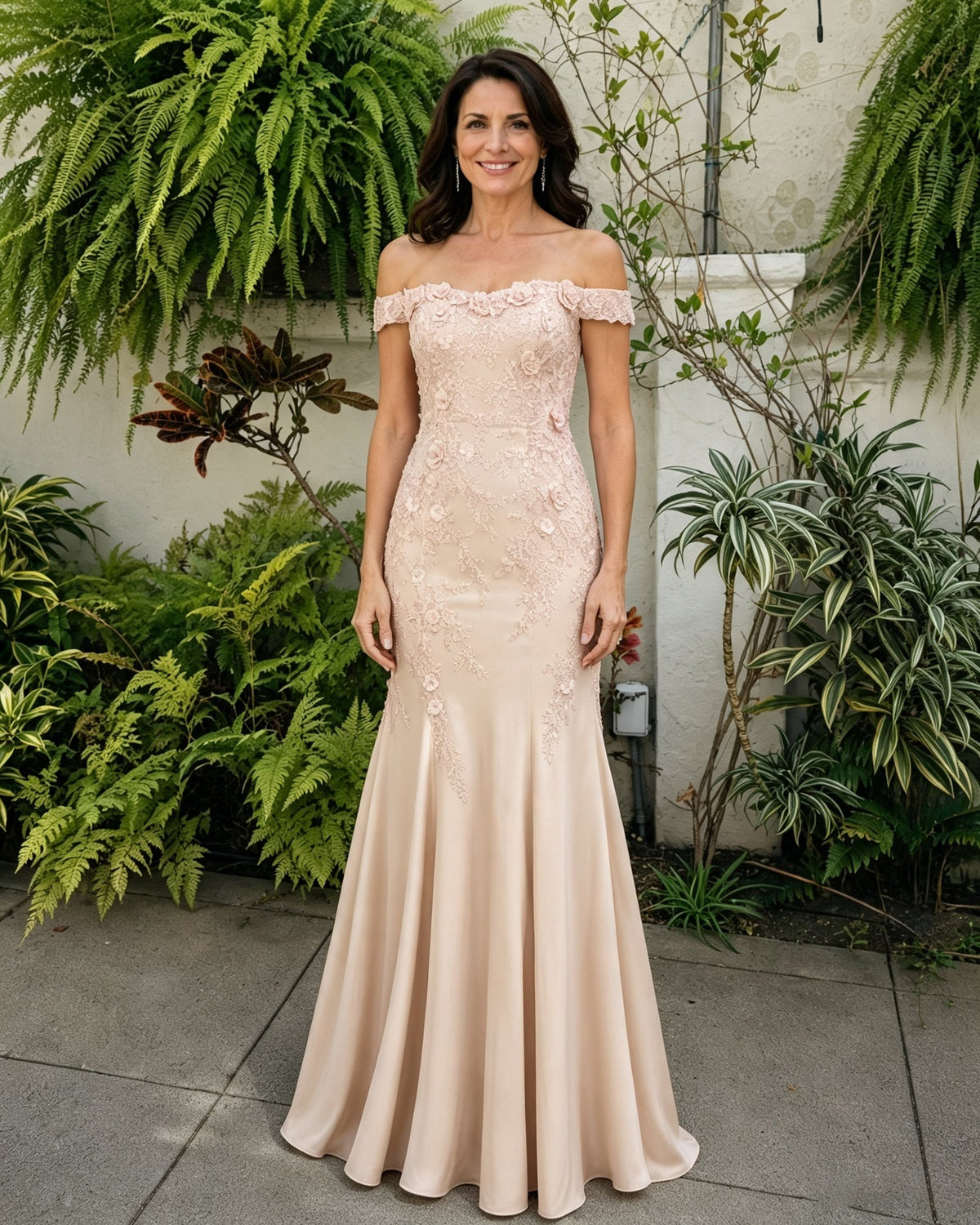 Cream off-shoulder lace mermaid mother of the bride dress with scalloped neckline