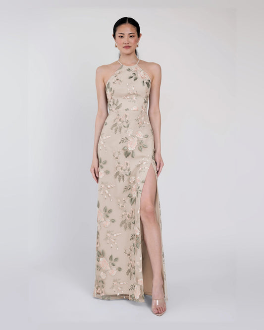 Champagne-beige floral halter maxi dress with fitted waist and high side slit