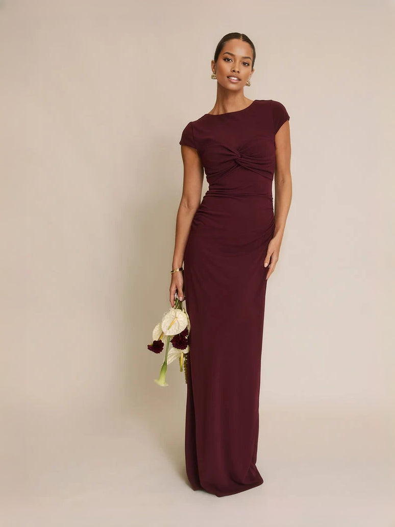 Cabernet fitted midi dress with round neck, short sleeves, and waist knot detail
