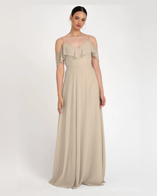 Ruffled V-neck A-line formal dress, floor-length, off-shoulder cap sleeves, sand.