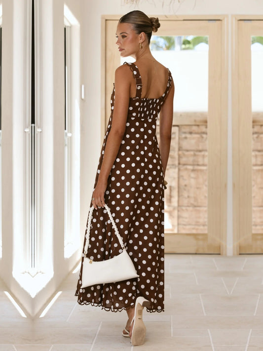 Brown polka dot A-line maxi dress with square back and scalloped hem