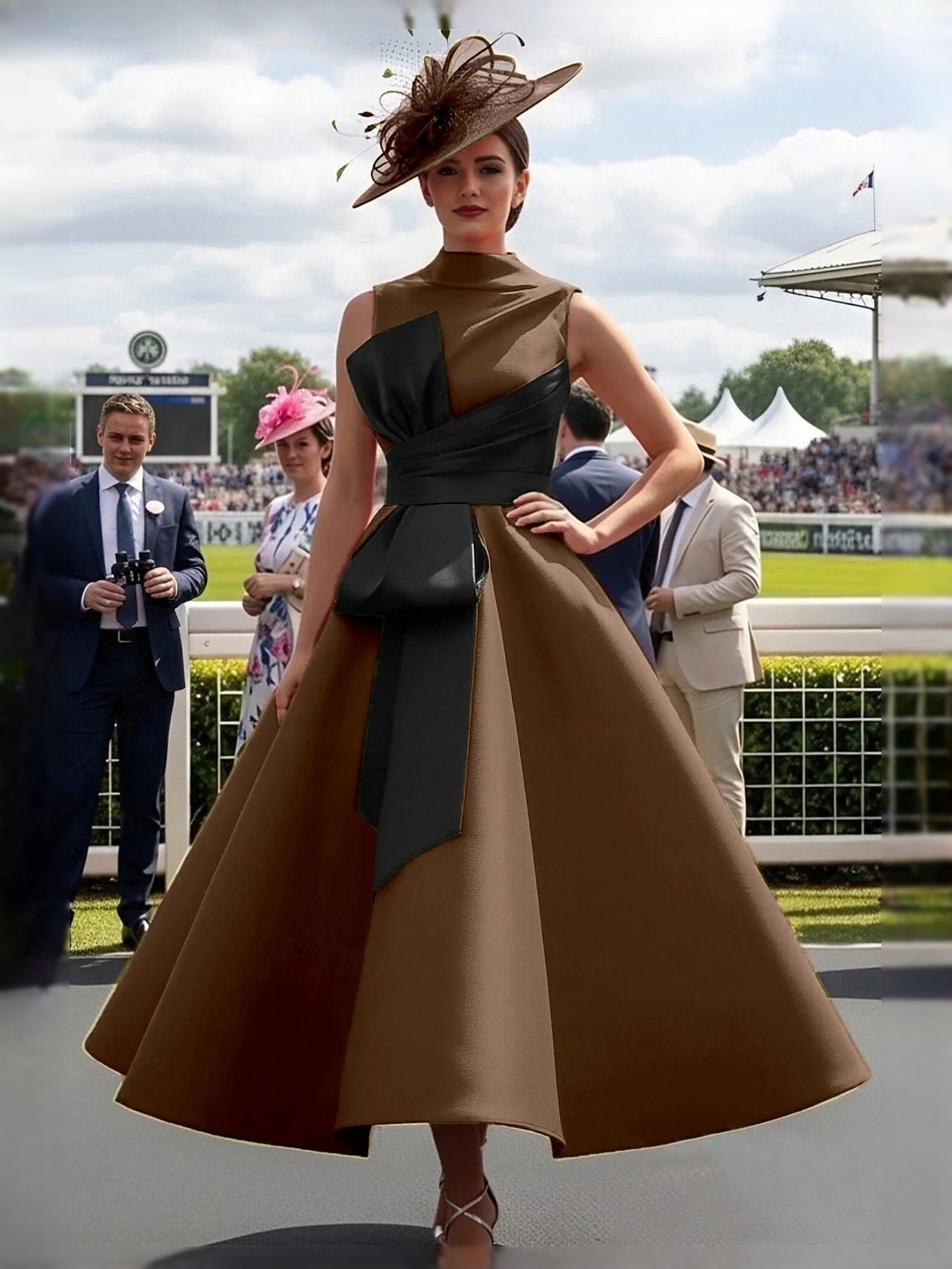 Brown satin A-line midi prom dress with high neck and black diagonal waist sash
