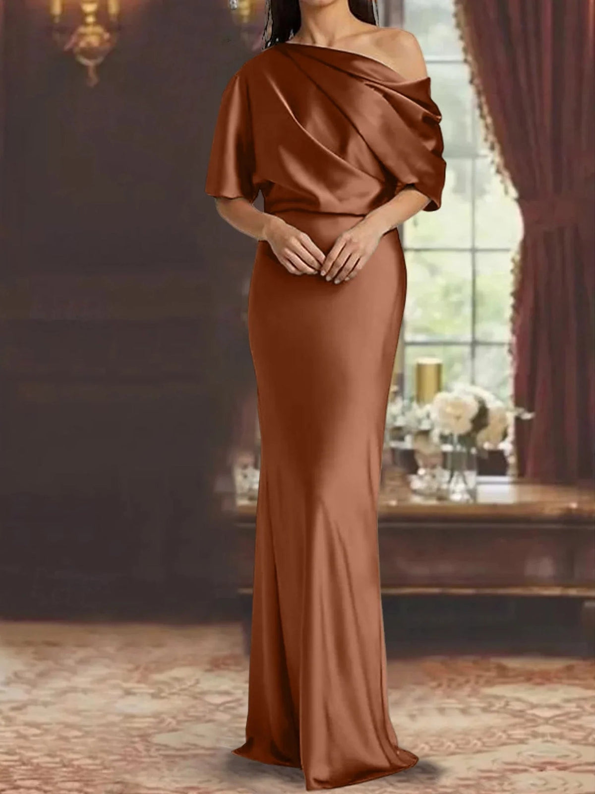 Brown one-shoulder draped satin mermaid gown with gathered shoulder detail