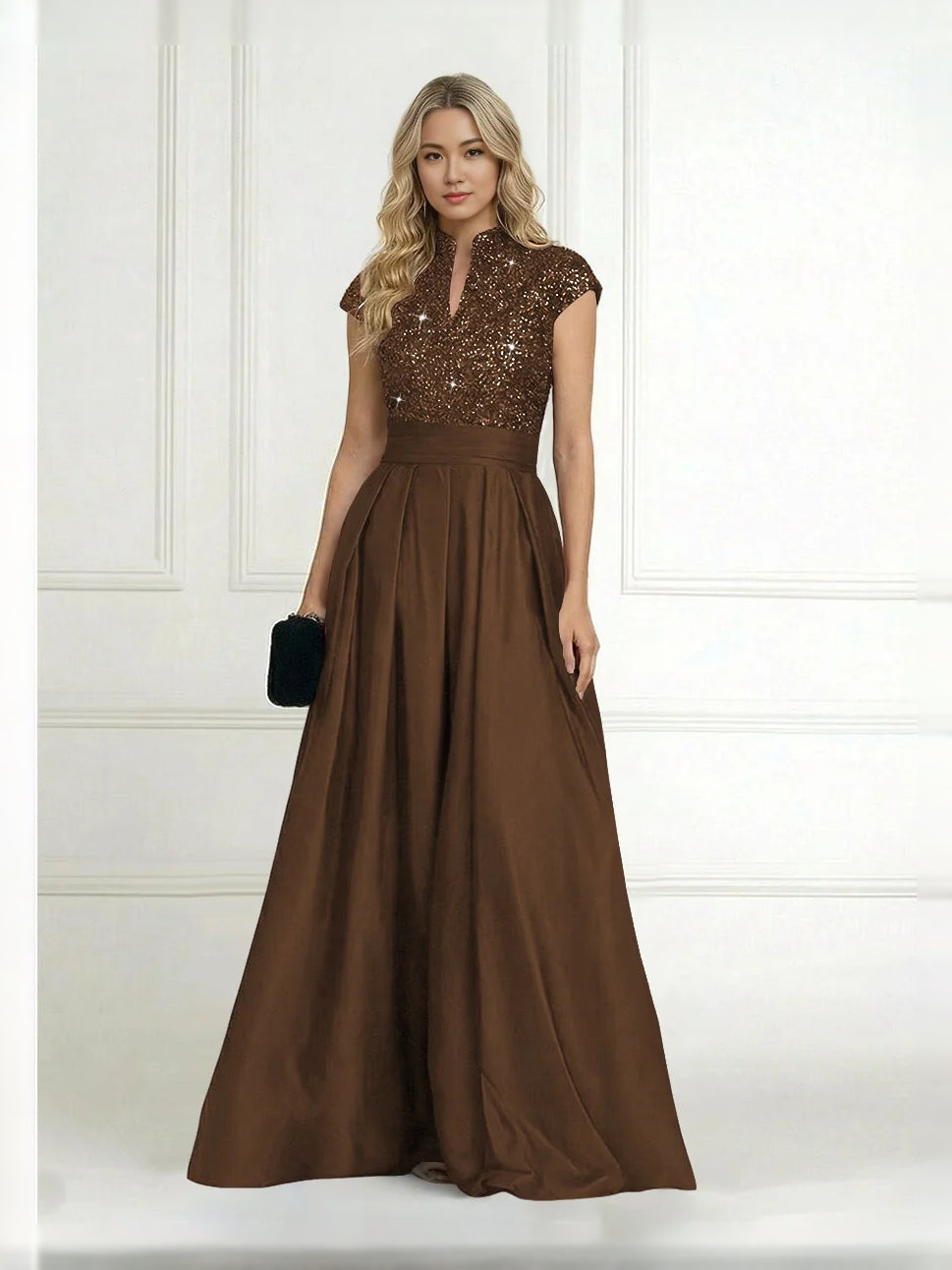 Brown high-neck A-line sequin satin dress with pleated skirt and cap sleeves