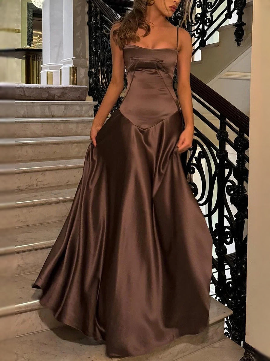 Brown satin square-neck A-line prom dress, sleeveless fitted bodice, floor length skirt