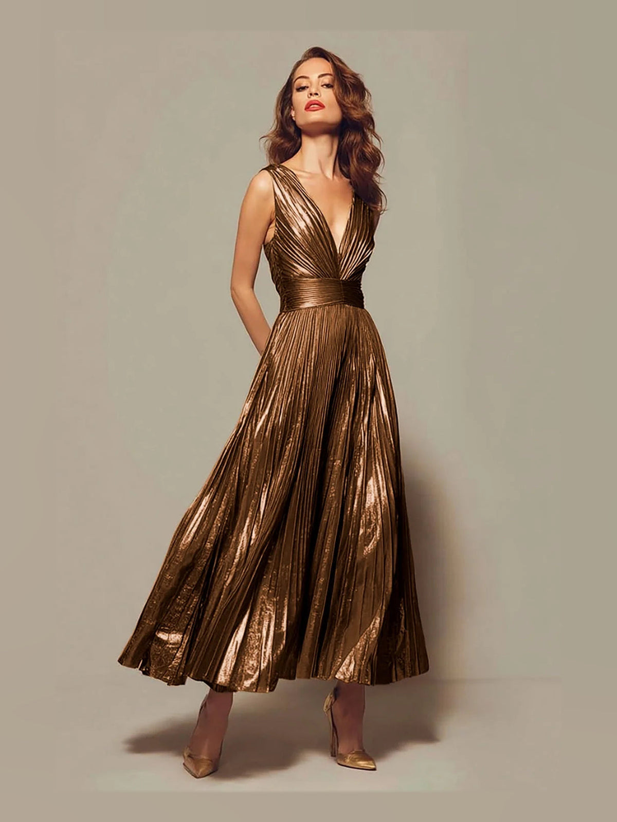 Bronze metallic pleated V-neck A-line prom dress with draped sleeveless bodice
