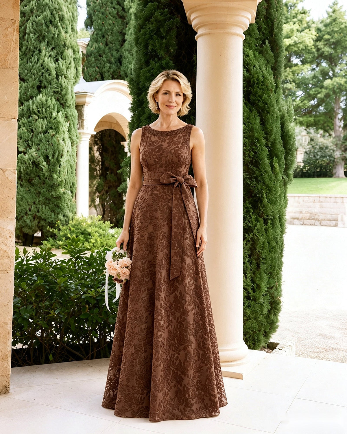 Brown sleeveless lace A-line dress with tied waist sash bow