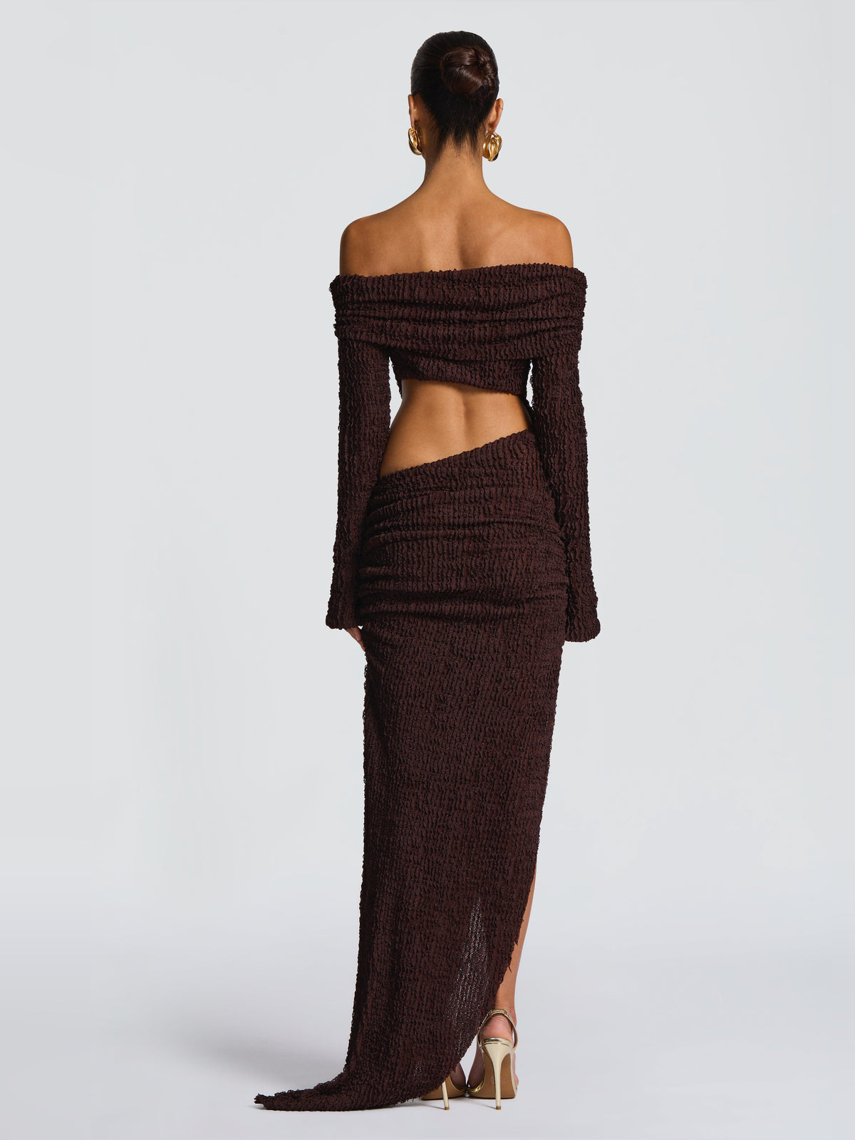 Brown off-shoulder midi formal dress with long sleeves and back cutout detail