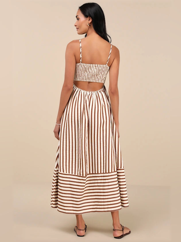 Brown striped midi dress with open back, spaghetti straps, and tiered skirt