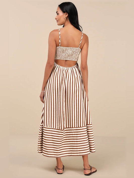 Brown striped midi dress with open back, spaghetti straps, and tiered skirt