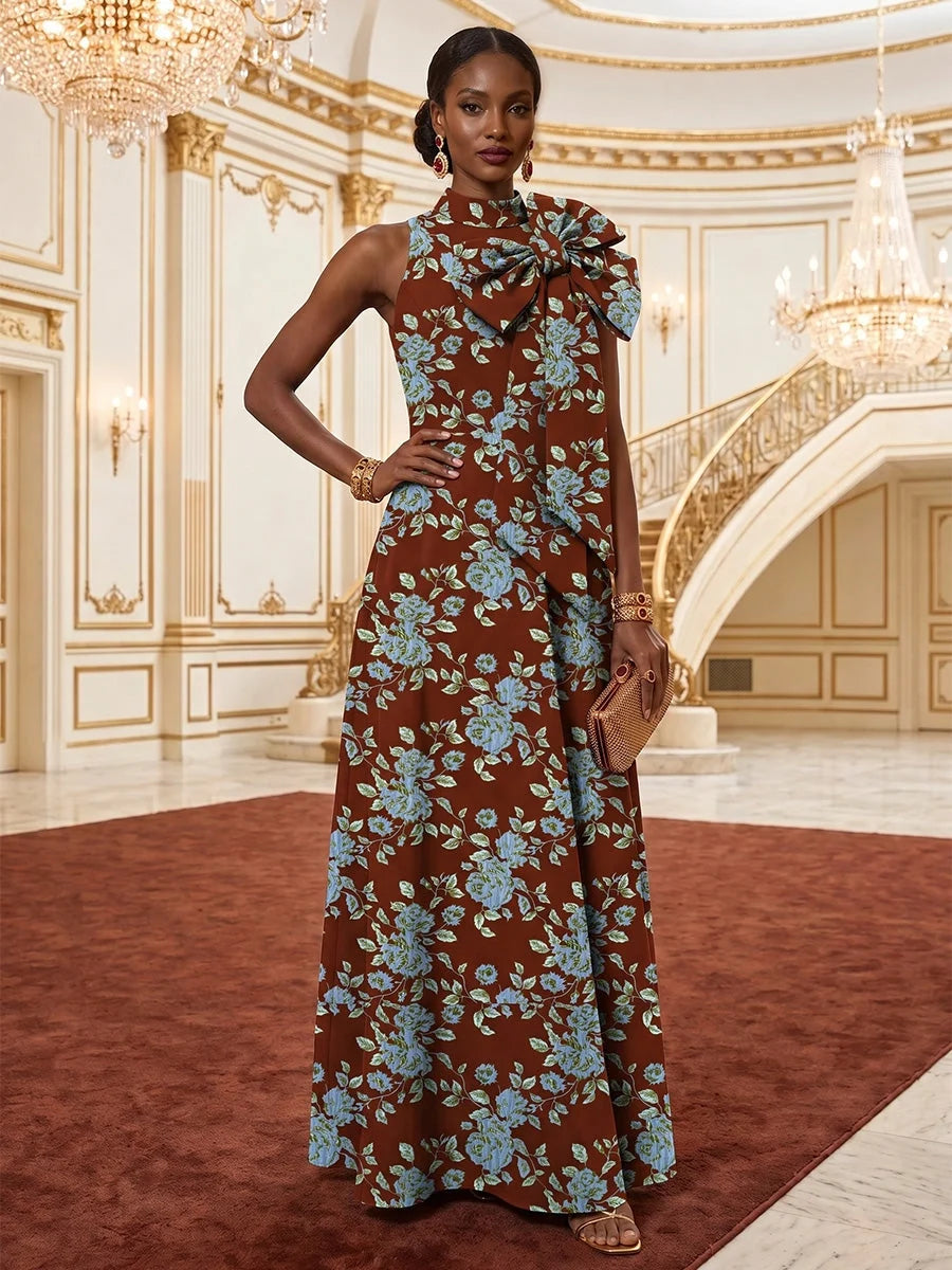 Floral halter A-line maxi dress with bow cutout, teal with brown floral print
