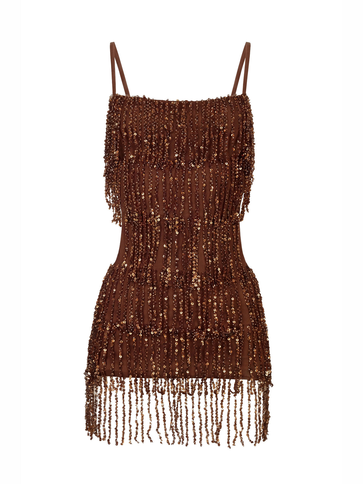 Brown mini sequin dress with spaghetti straps and straight layered fringe hem