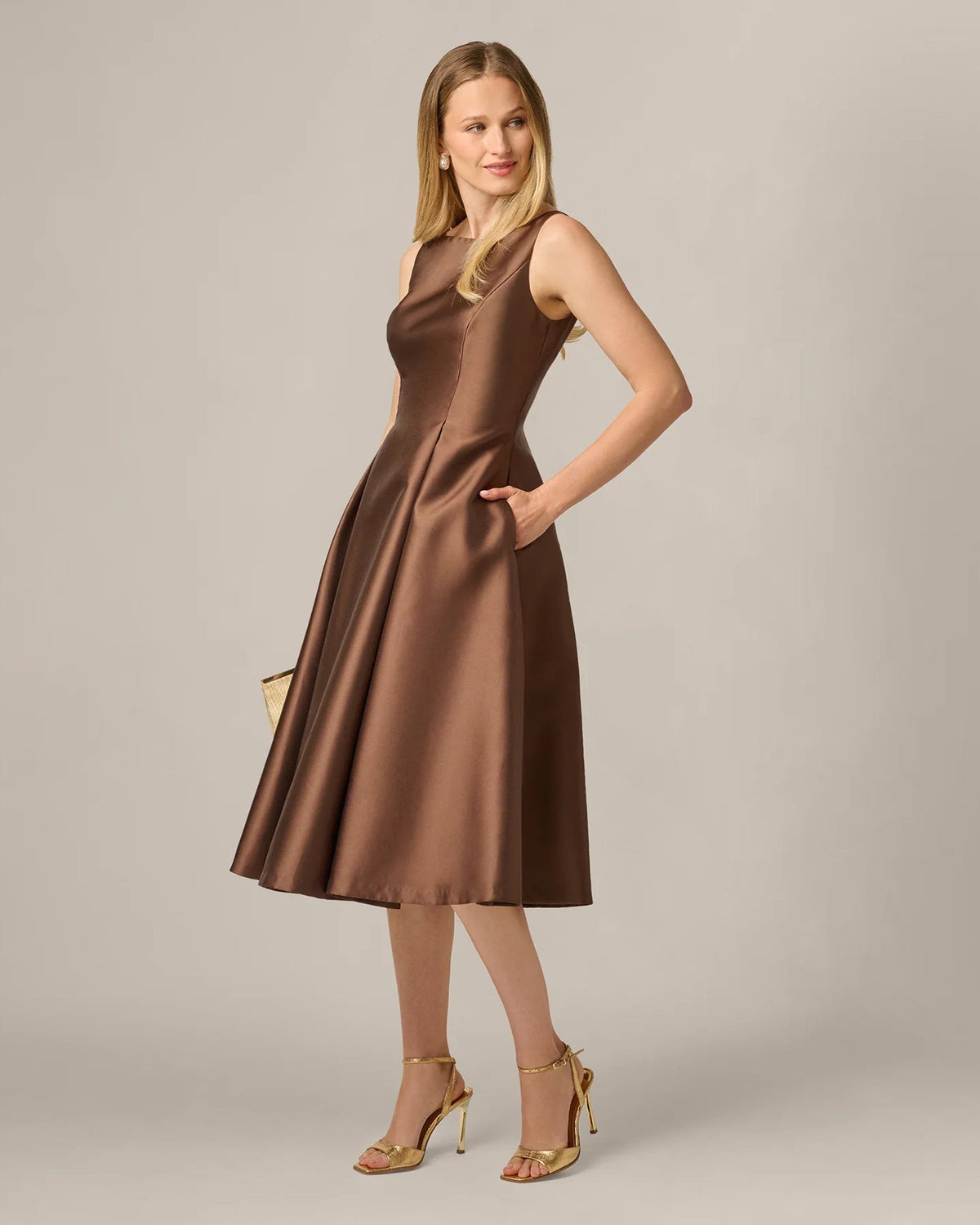 Espresso brown sleeveless fit-and-flare midi dress with scoop neckline