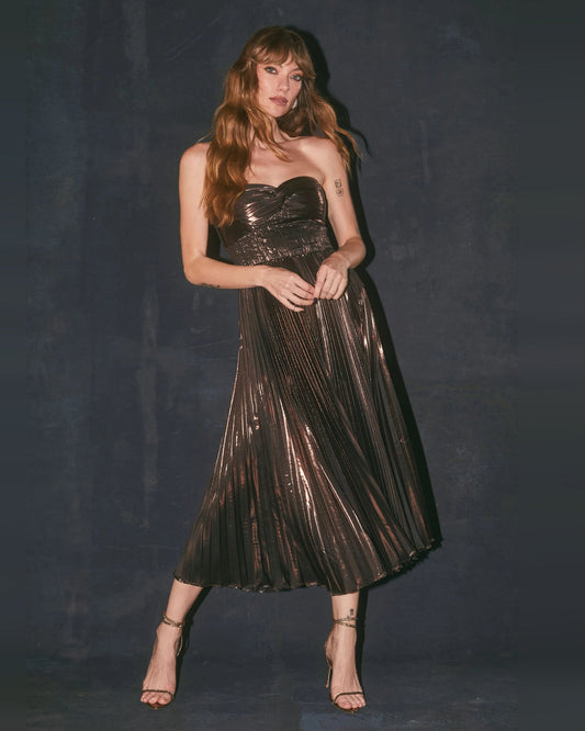 Pleated Spaghetti Strap A-Line Midi Formal Dress for Hotel Gala