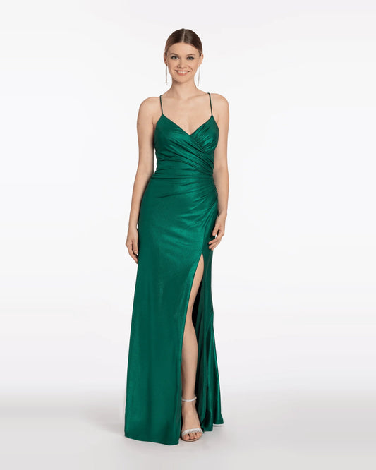 Emerald ruched sweetheart column maxi prom dress with side slit