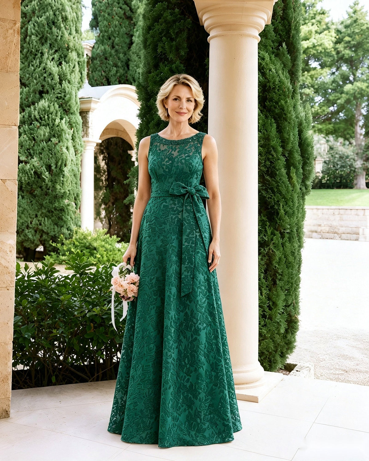 Emerald green sleeveless lace A-line dress with tied sash bow at waist