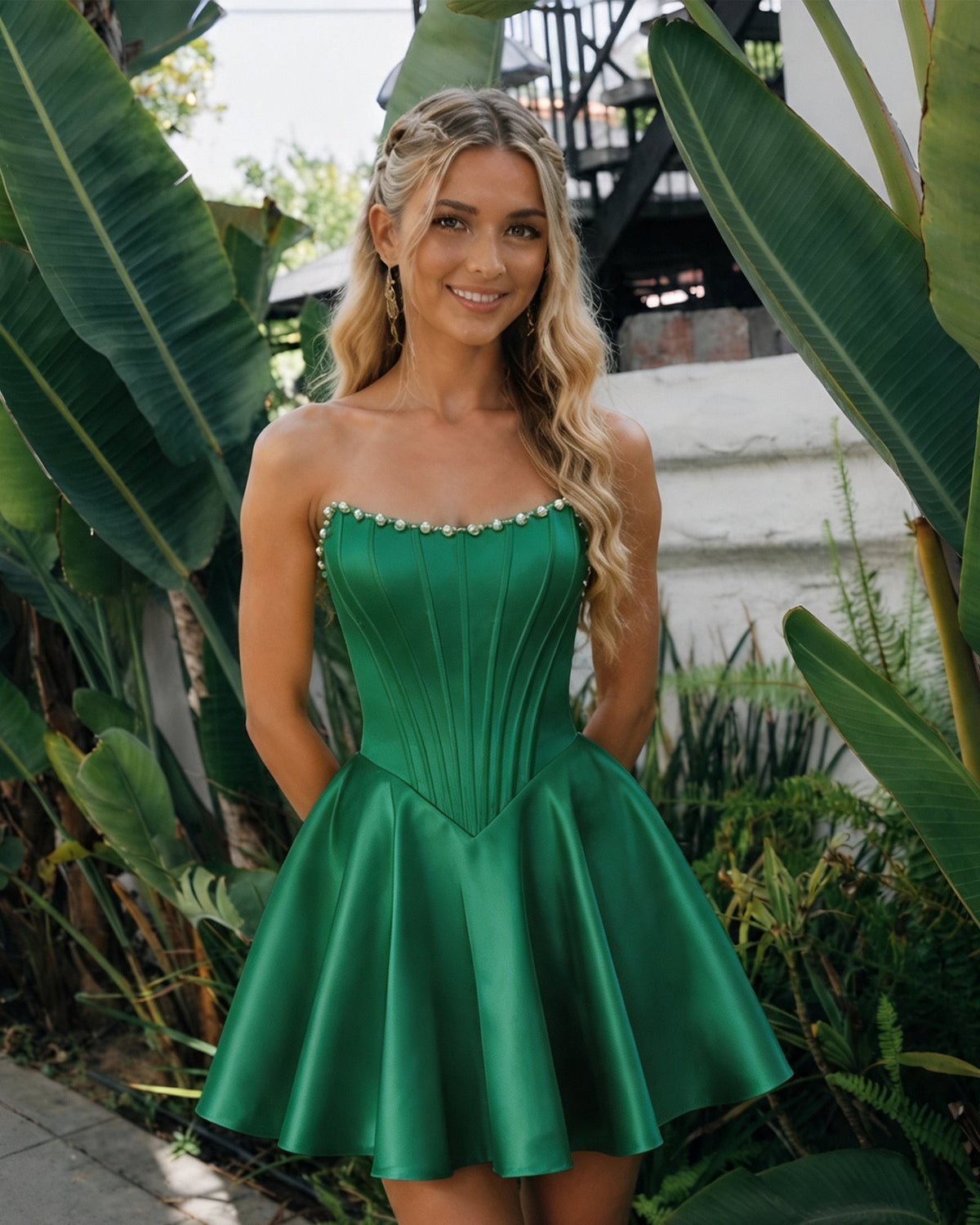 Strapless satin corset homecoming dress, emerald green with pearl-trim neckline and flared skirt
