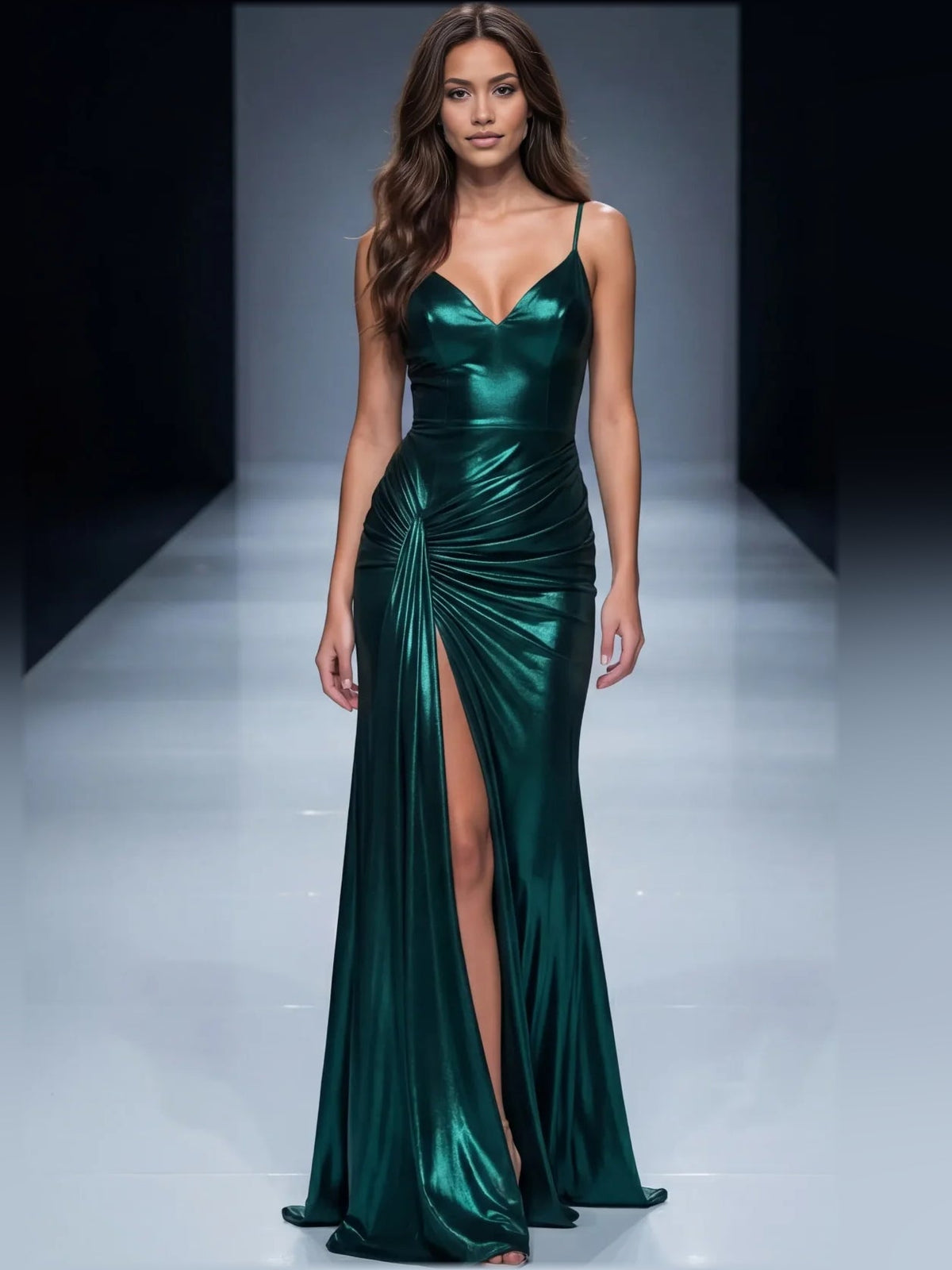 Emerald green V-neck mermaid formal dress with ruched detail and side slit, long.