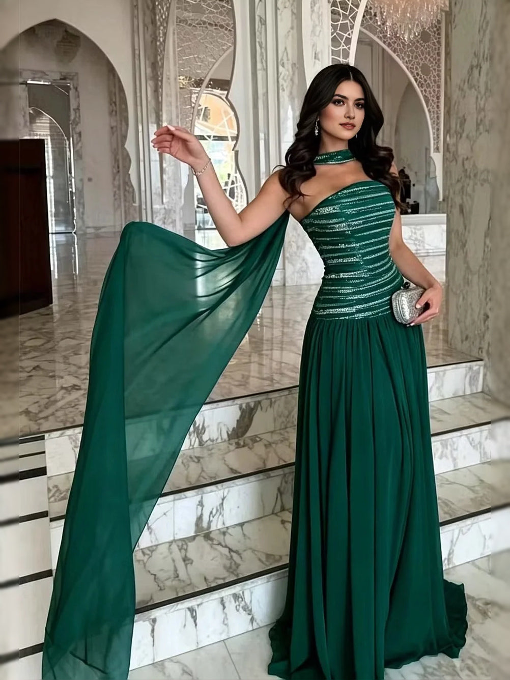 Emerald green one-shoulder A-line prom dress with draped chiffon overlay, floor-length