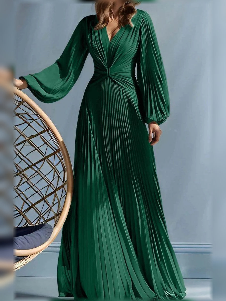 Emerald green V-neck ruched pleated A-line maxi dress with long flared sleeves