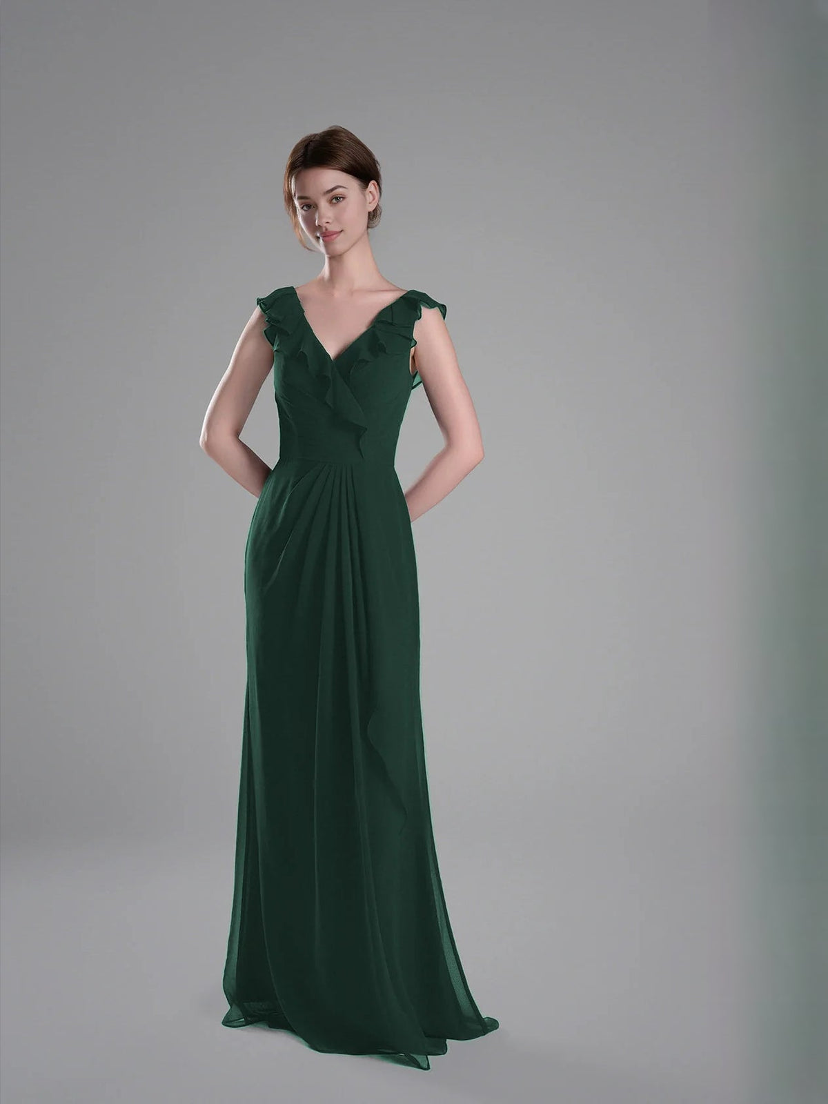 Emerald green chiffon bridesmaid dress with V-neck, ruched waist and A-line floor skirt
