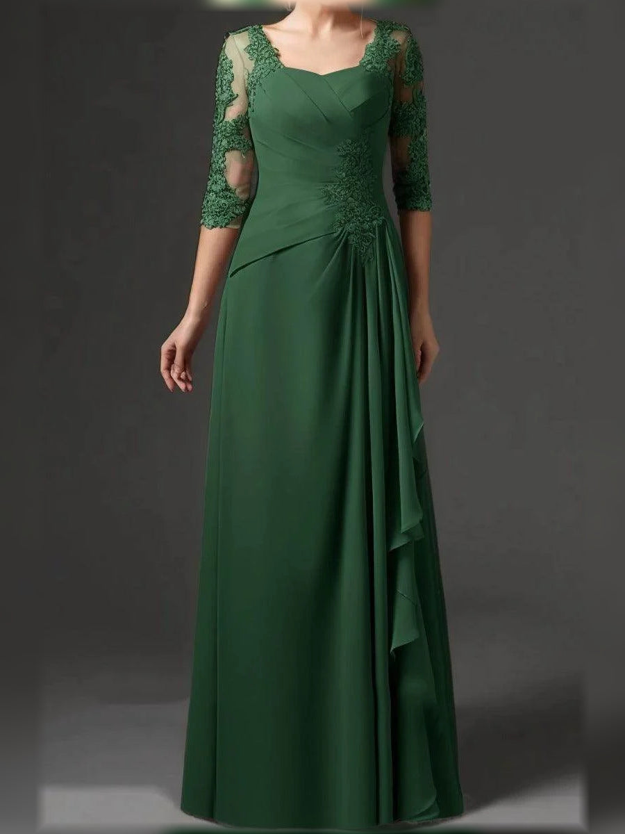 Emerald green chiffon A-line mother of the bride dress, square neck, lace 3/4 sleeves.