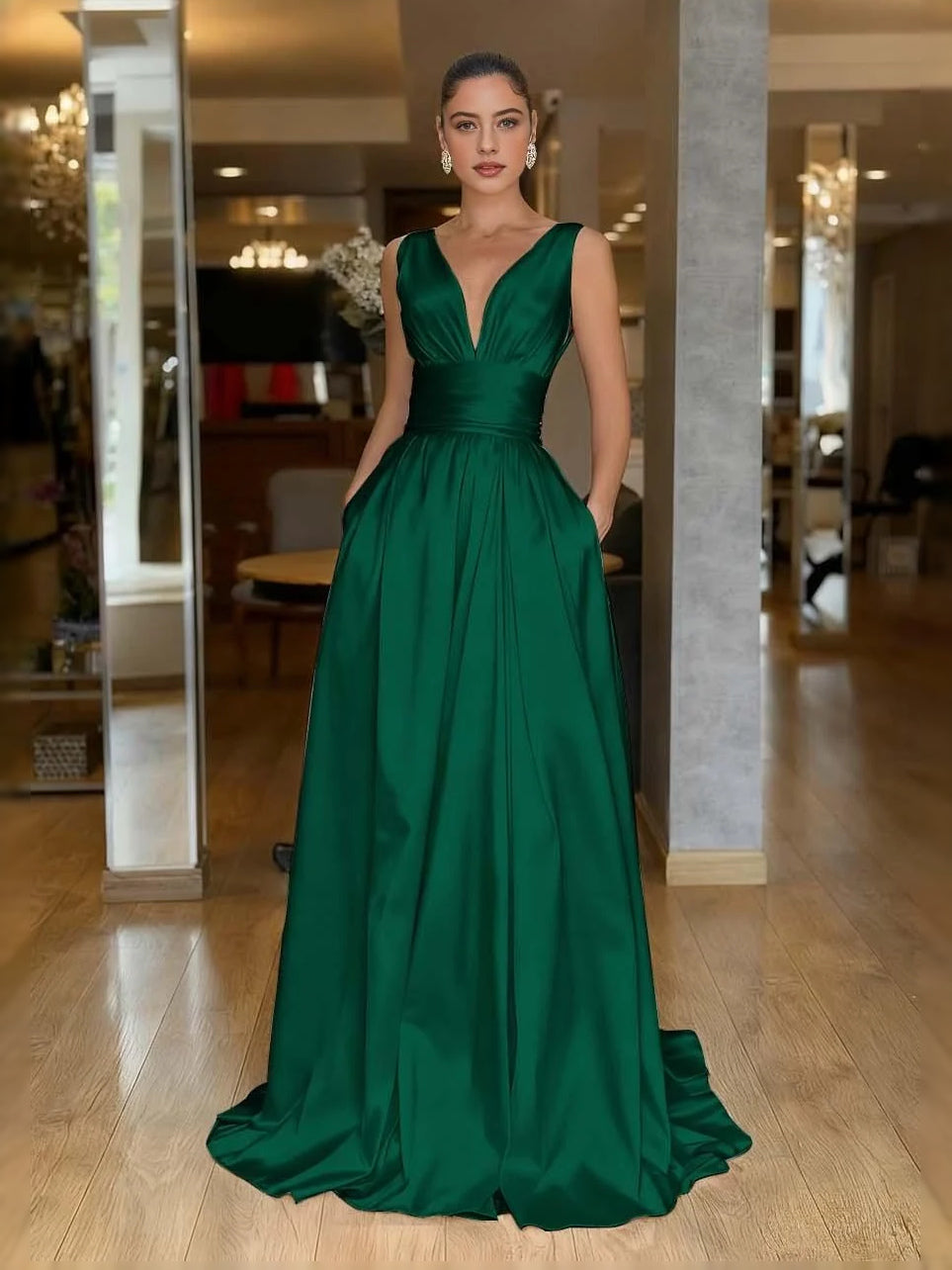 Emerald green V-neck A-line prom dress with ruched bodice and pleated floor-length skirt