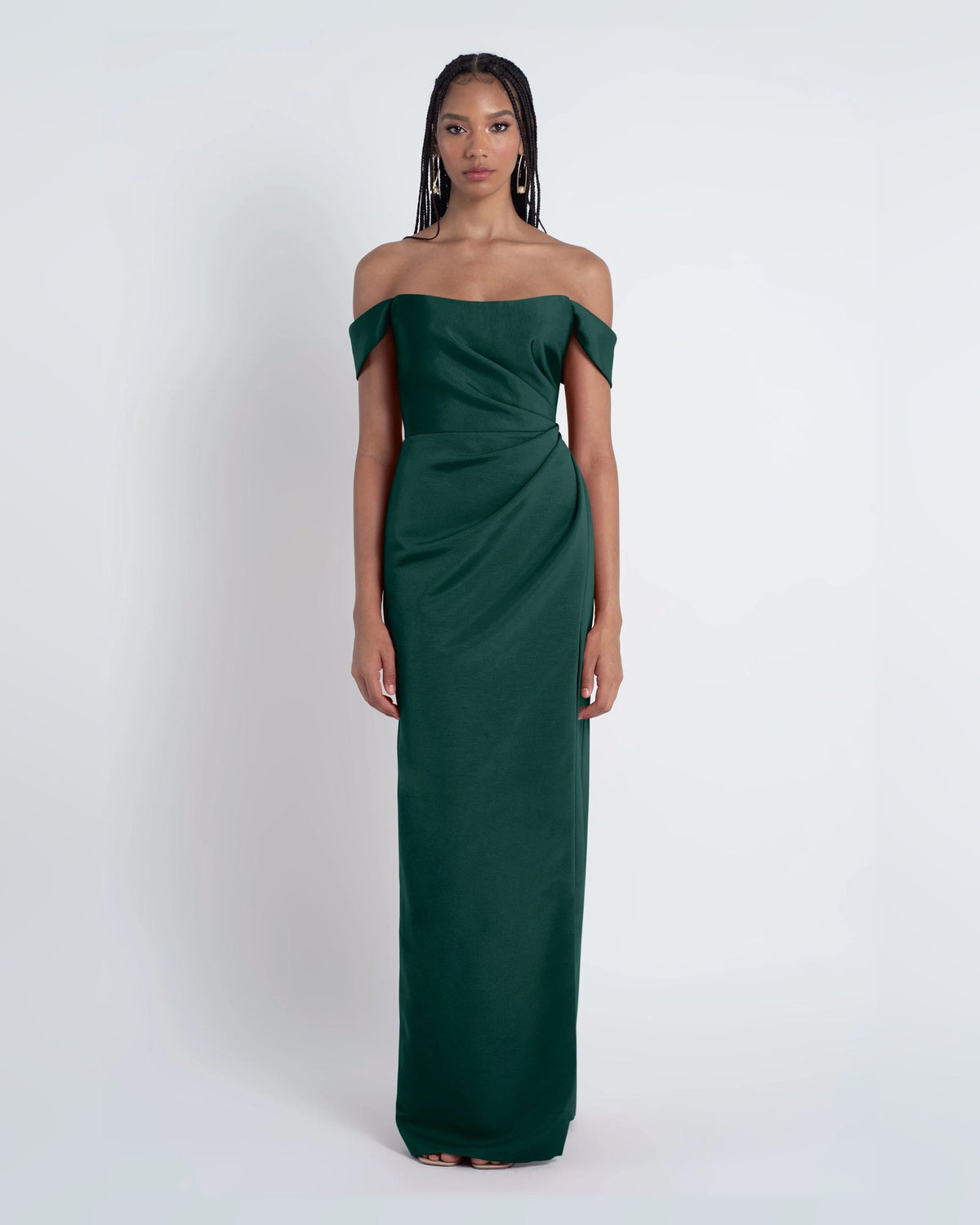 Emerald green off-shoulder A-line formal maxi dress with draped waist