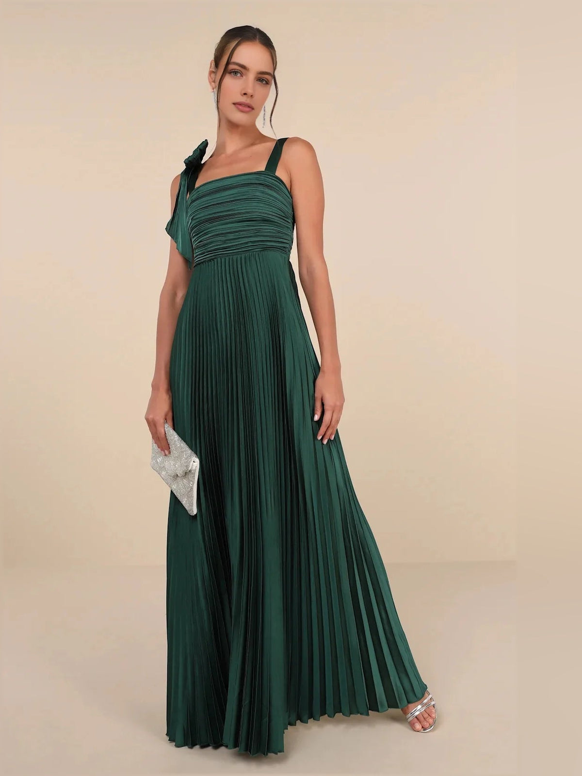 Emerald green satin A-line maxi dress, square neck, ruched pleated bodice
