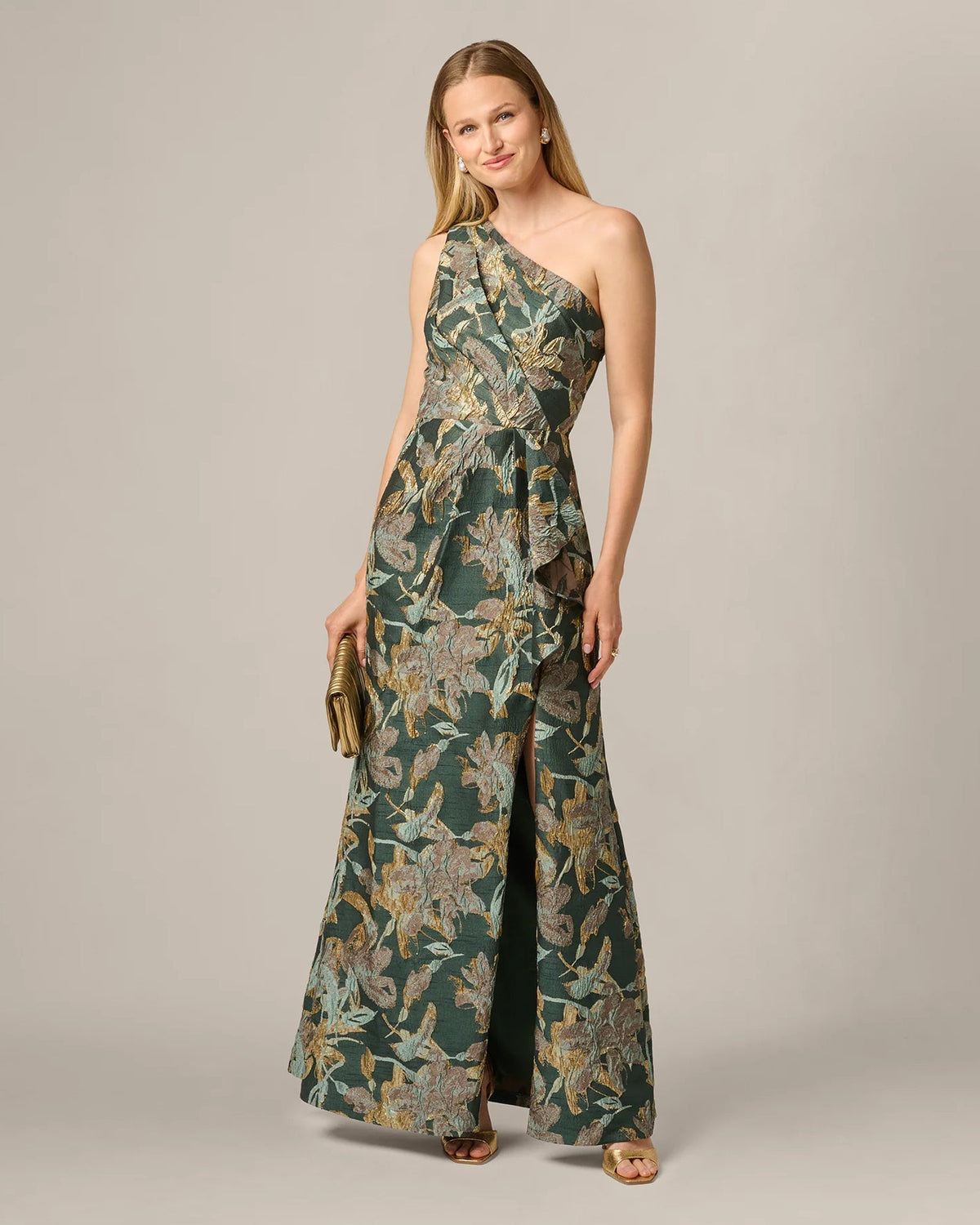 One-shoulder A-line maxi dress with teal and tan botanical print, side slit
