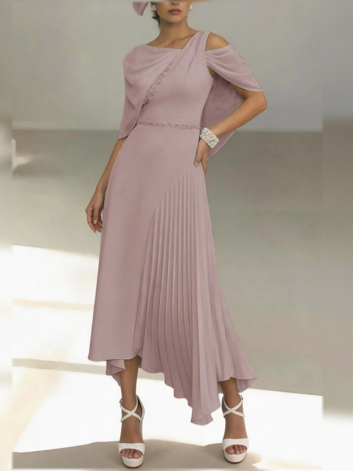Dusty rose one-shoulder pleated A-line midi chiffon dress with draped sleeve