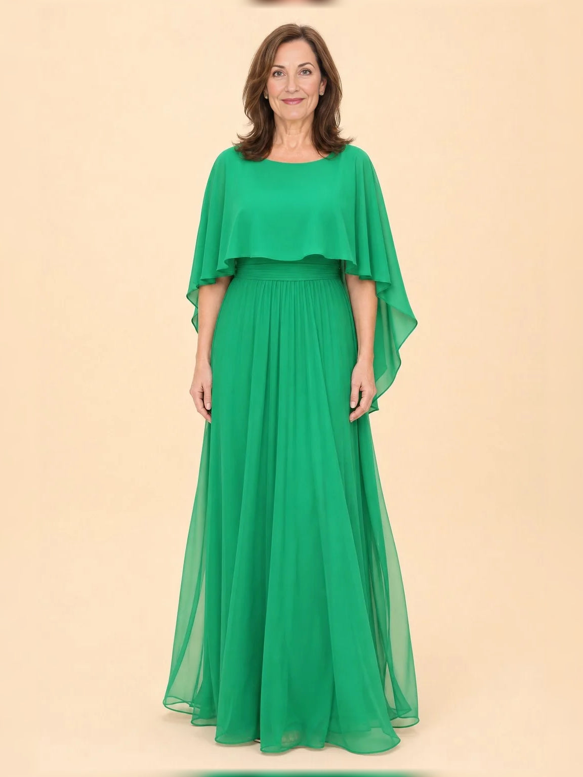 Emerald green one-shoulder ruffle A-line maxi dress with flowing draped sleeves