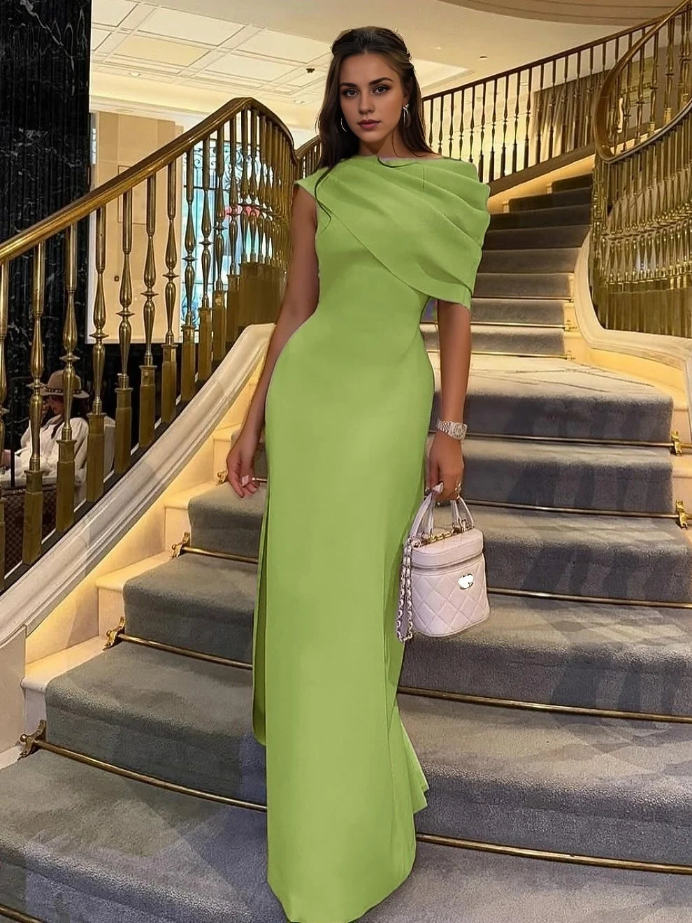 Green satin one-shoulder draped maxi sheath dress with side slit
