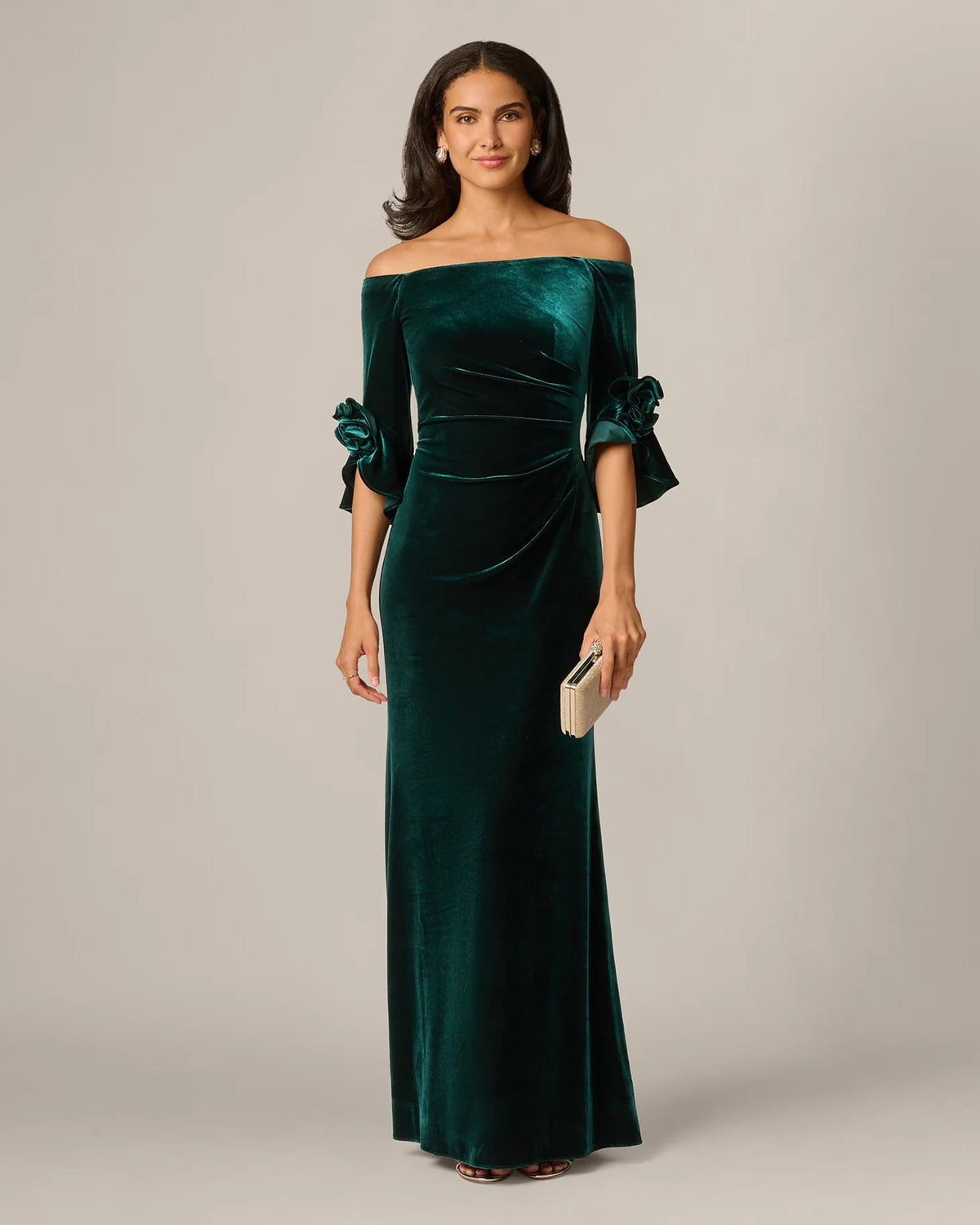 Hunter green off-shoulder maxi dress with gathered bodice and rosette sleeve accents