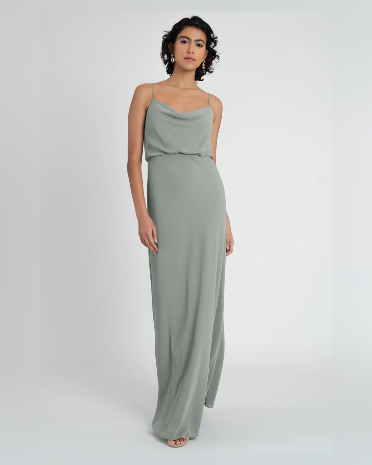 Gray-green draped cowl-neck A-line floor-length dress with spaghetti straps