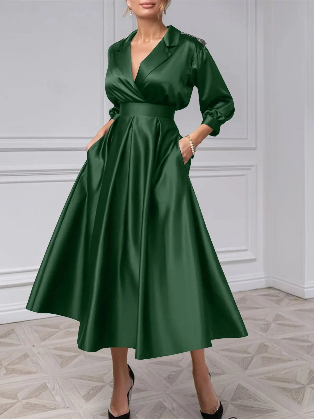 Dark green satin V-neck A-line midi dress with pleated waist and long puff sleeves