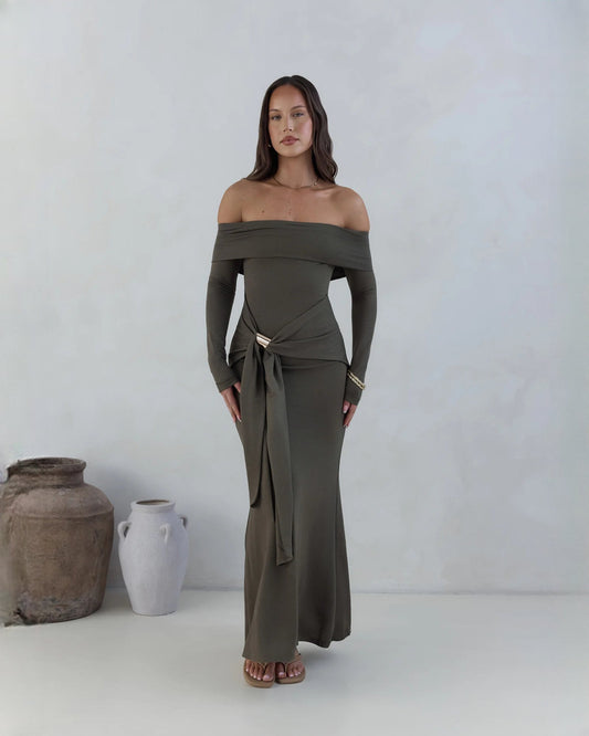 Dark olive off-shoulder satin maxi dress with front waist drape and long sleeves