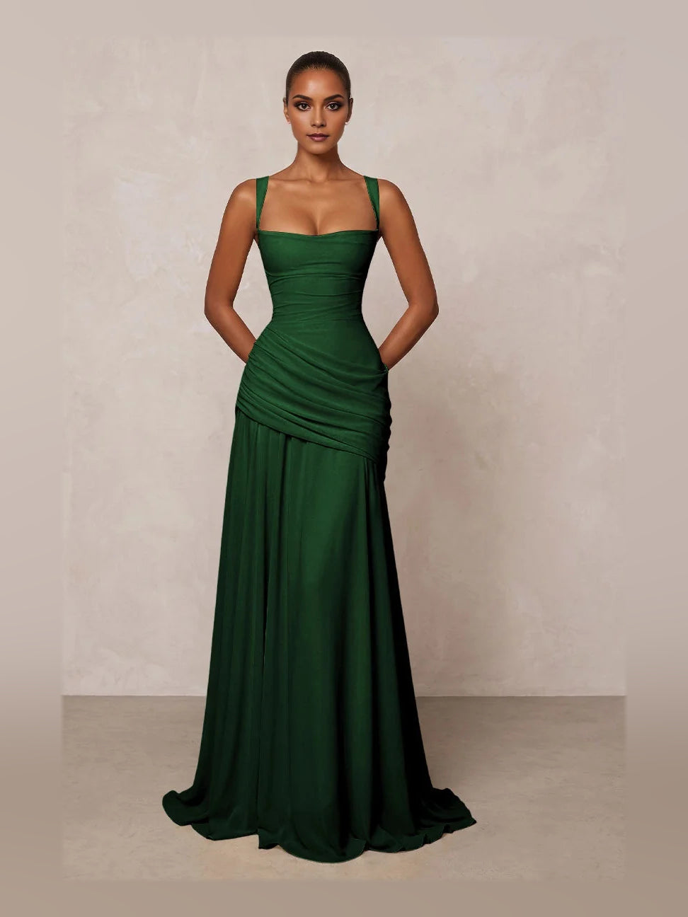 Emerald green ruched chiffon prom dress with square neck and draped A-line skirt