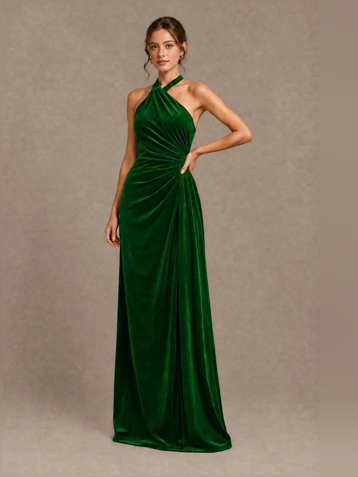 Ruched velvet one-shoulder sheath bridesmaid dress in emerald green, draped bodice