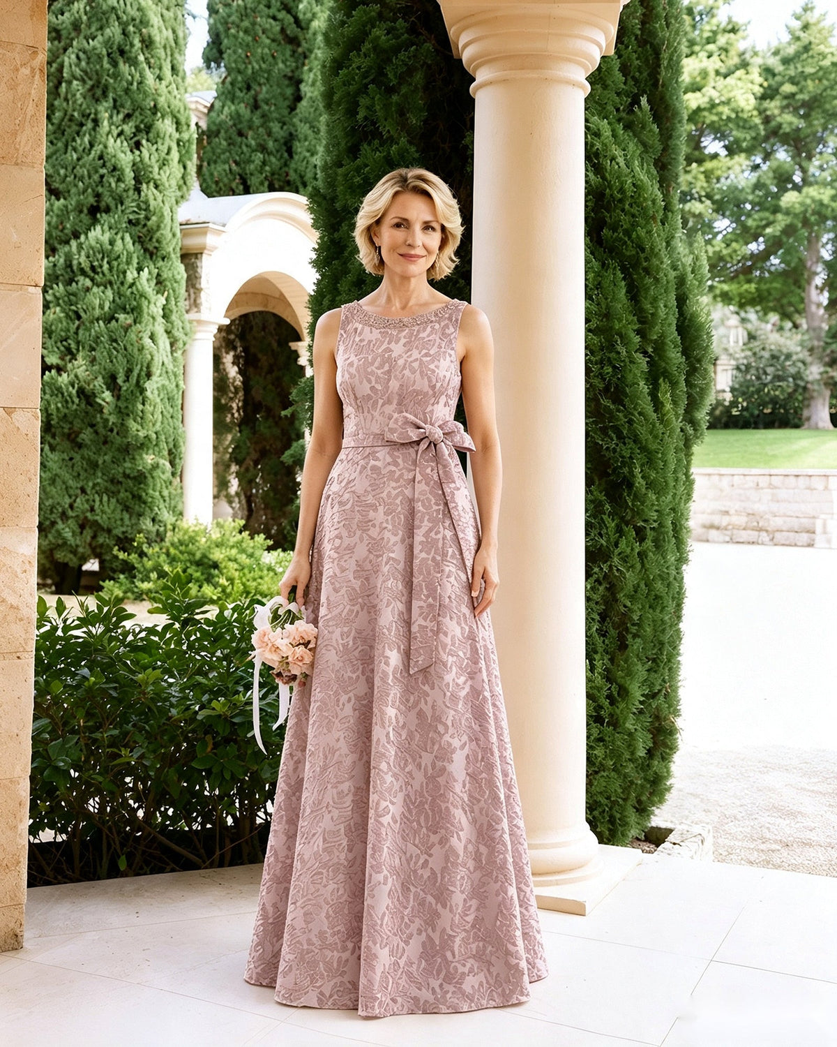 Blush pink sleeveless lace A-line dress with tied sash bow at waist