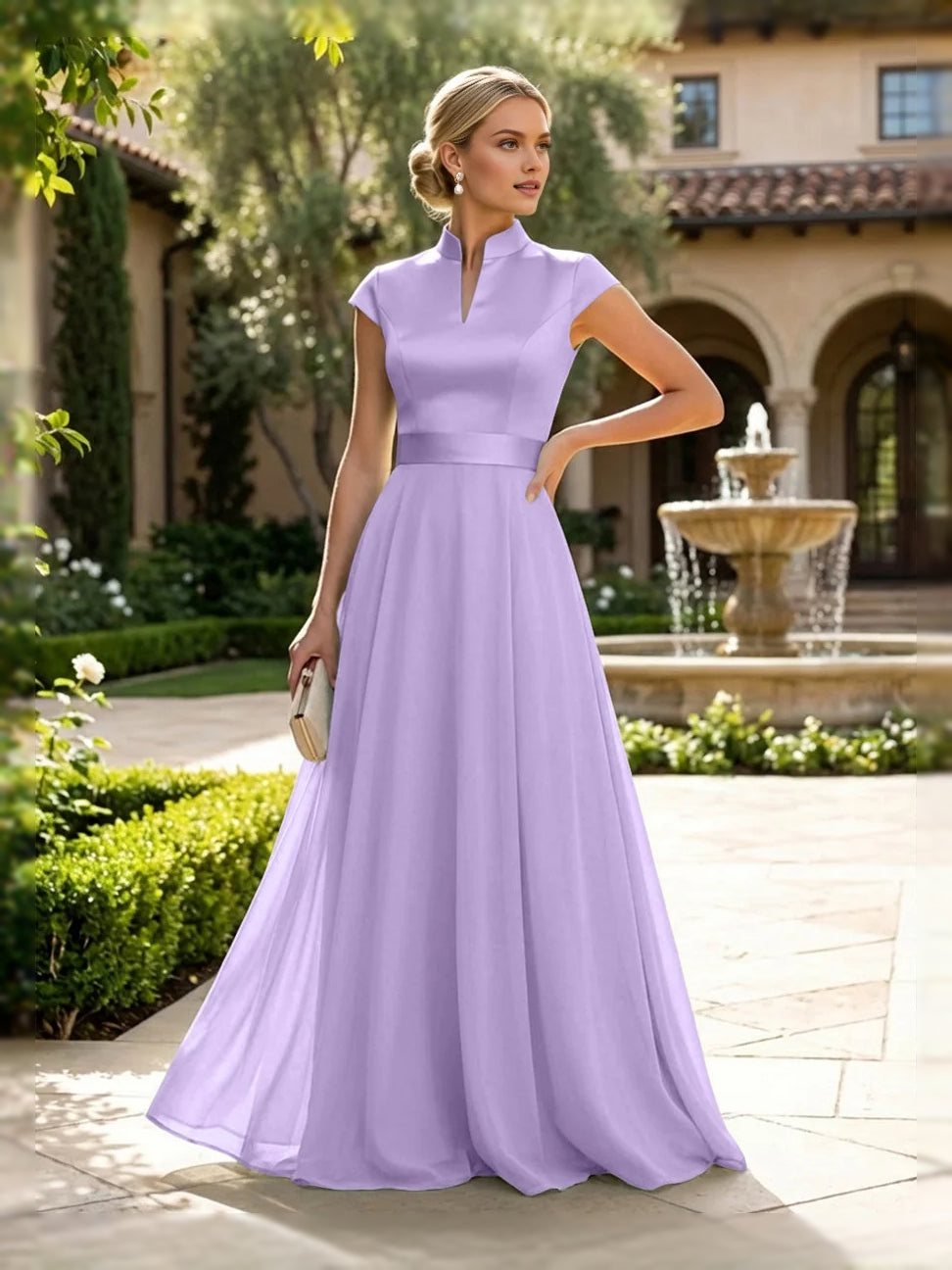 Lavender sleeveless high-neck A-line satin mother-of-the-bride dress, floor length