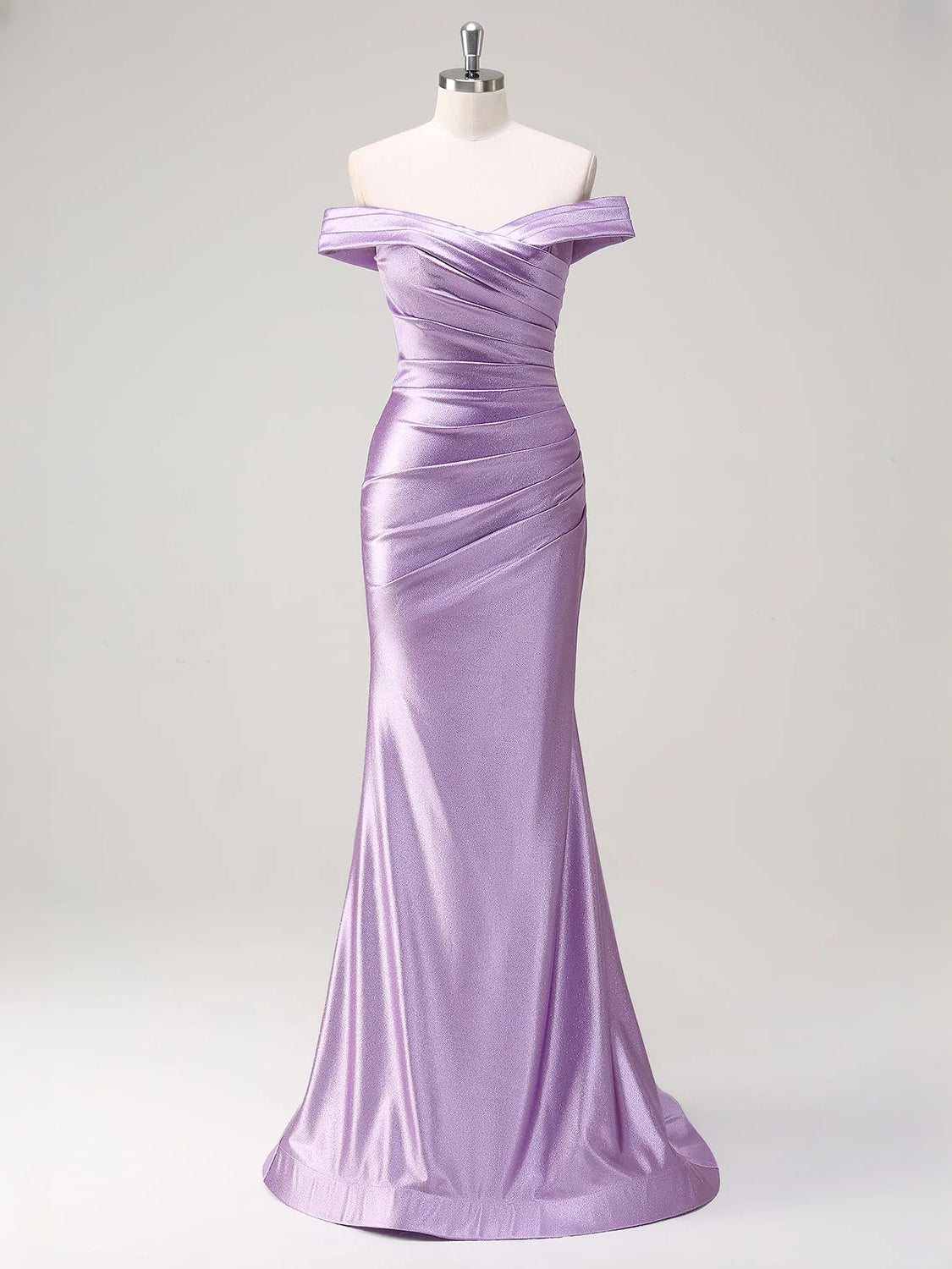 Lavender satin mermaid gown with off-shoulder neckline and draped ruched skirt