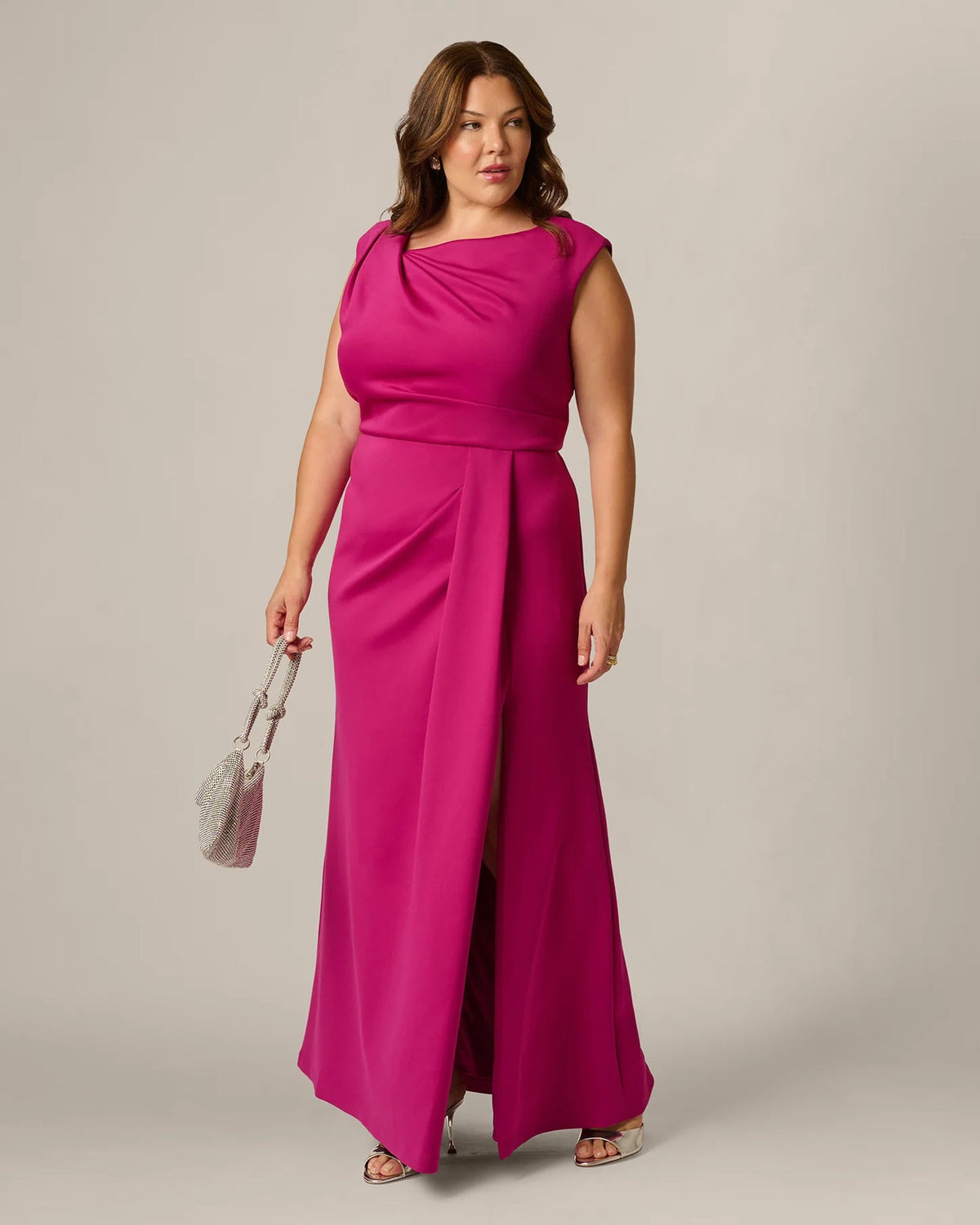 Hot orchid sleeveless maxi dress with draped waist and front slit detail