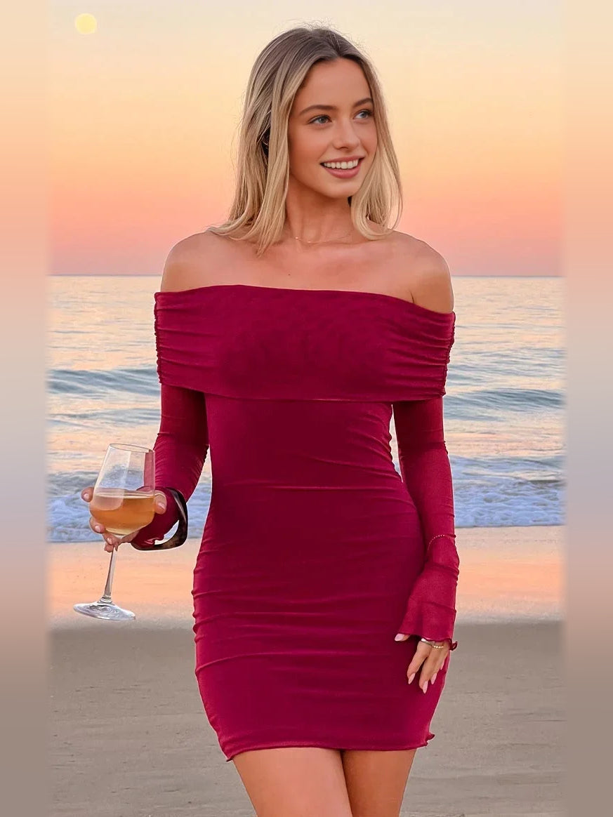 Hot pink off-shoulder bodycon mini dress with long sleeves and ruched waist