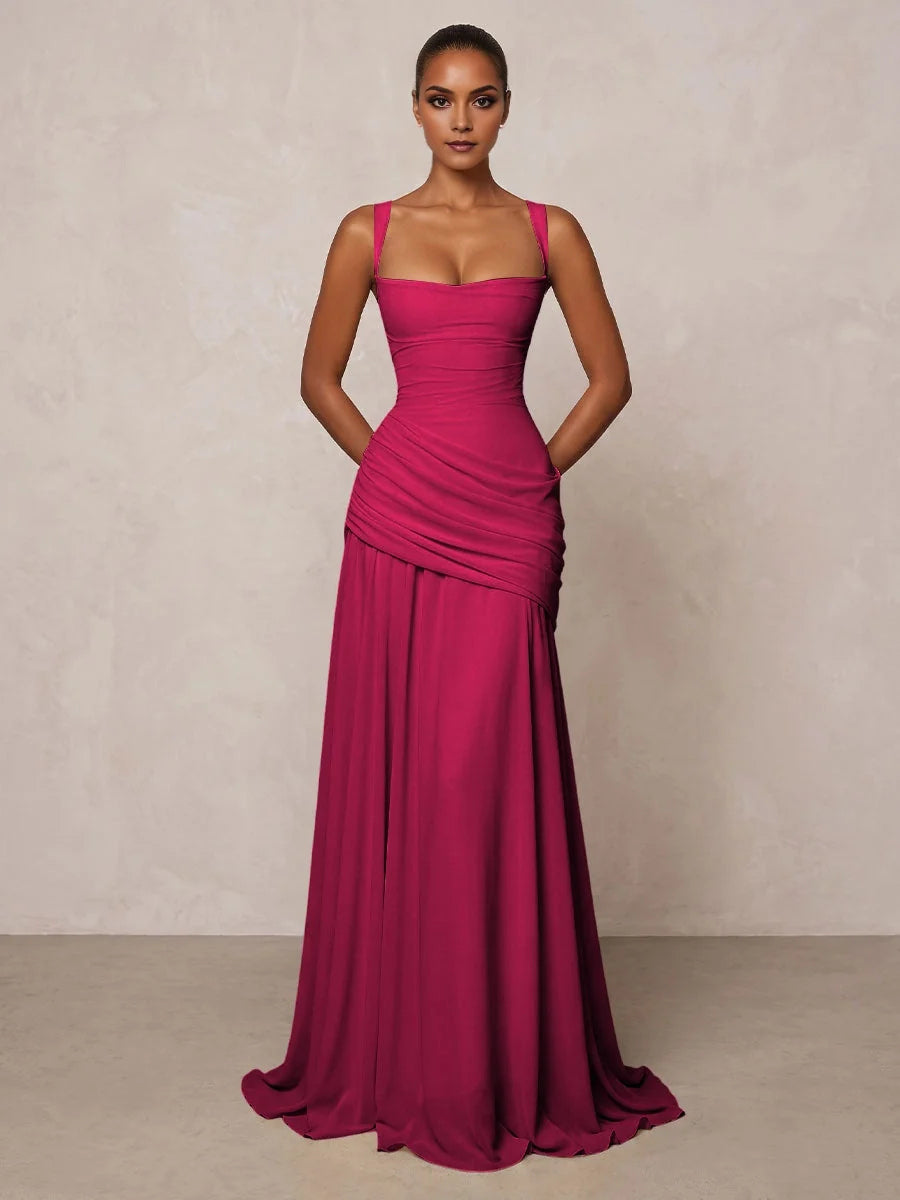 Hot pink ruched chiffon prom dress with square neck and draped A-line skirt