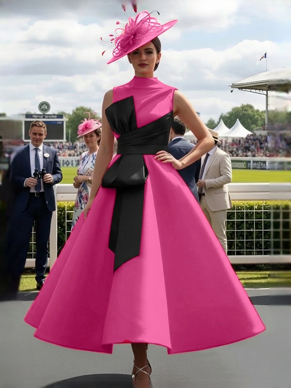 Hot pink satin high-neck A-line midi prom dress with black waist sash and bow