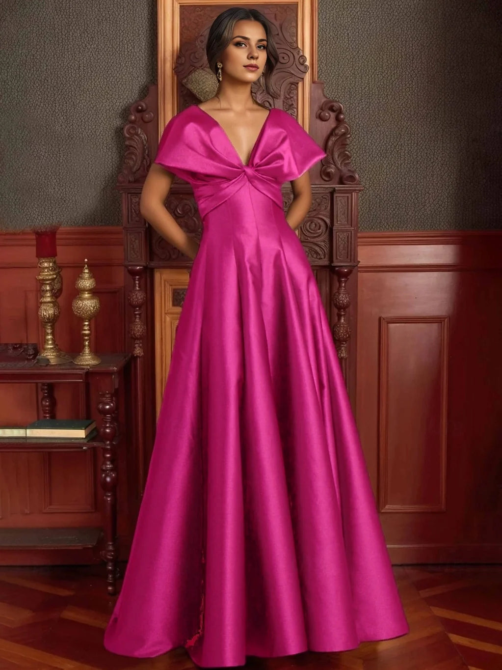 Hot pink satin V-neck A-line prom dress with short sleeves and bow-tied waist
