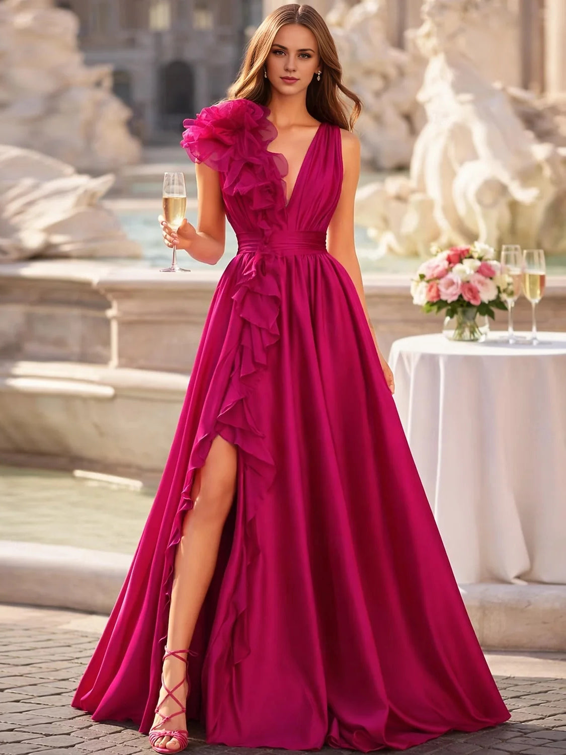 Hot pink satin V-neck maxi gown with cascading ruffle bodice and side slit